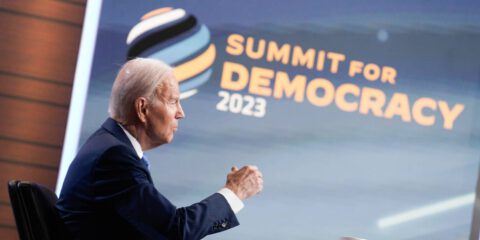 United States President Joe Biden arrives to speak during the Summit for Democracy