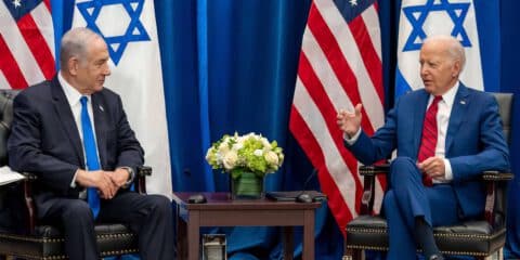 September 20, 2023, New York, NY, United States: U.S President Joe Biden, right, holds a bilateral meeting with Israeli Prime Minister Benjamin Netanyahu at the United Nations Headquarters, September 20, 2023, in New York City, New York.