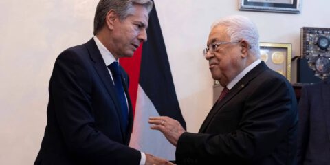 October 13, 2023, Amman, Jordan: U.S. Secretary of State Antony Blinken, left, shakes hands with Palestinian President Mahmoud Abbas