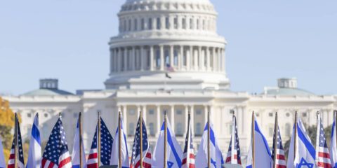 The American and Israeli flags are seen during an event in support of the state of Israel and against antisemitism on the National Mall in Washington DC, Where: Washington, District of Columbia, United States, 14 Nov 2023