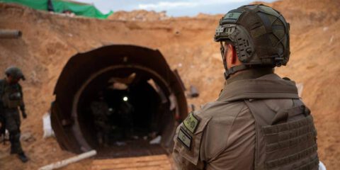 Israeli soldiers examining a large underground Hamas tunnel system uncovered in the Gaza Strip.