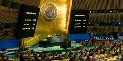 Voting results are displayed during an emergency special session held at the UN headquarters in New York on Dec. 12, 2023. The UN General Assembly on Tuesday afternoon adopted a resolution demanding an immediate humanitarian ceasefire in Gaza.