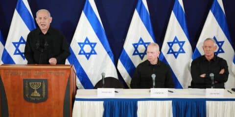 Israeli Prime Minister Benjamin Netanyahu (L) attends a press conference in Tel Aviv, Israel on Oct. 28, 2023.
