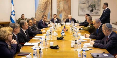 U.S Secretary of State Antony Blinken, listens to Israeli Prime Minister Benjamin Netanyahu, right, during a meeting with the war cabinet to discuss the fighting in the Gaza Strip, January 9, 2024 in Tel Aviv, Israel.