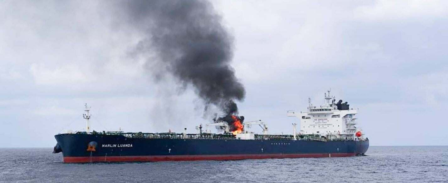 January 27, 2024, Gulf of Aden, Yemen: Marlin Luanda vessel on fire in the Gulf of Aden after it was reportedly struck by an anti-ship missile fired from a Houthi controlled area of Yemen. Gulf of Aden Yemen