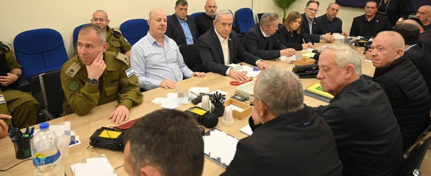 Israeli Prime Minister Benjamin Netanyahu attending a meeting of wartime cabinet at Israeli Defense Ministry in Tel Aviv, Israel, April 14, 2024