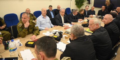 Israeli Prime Minister Benjamin Netanyahu attending a meeting of wartime cabinet at Israeli Defense Ministry in Tel Aviv, Israel, April 14, 2024