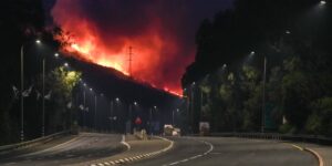 Smoke and fire are seen after Lebanese rocket attacks in forests near Kiryat Shmona, Israel on June 3, 2024.