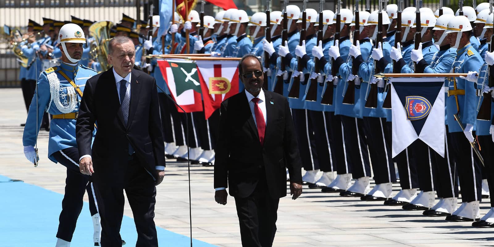 ANKARA, July 6, 2022 -- Turkish President Recep Tayyip Erdogan (L, Front) welcomes President of Somalia Hassan Sheikh Mohamud (R, Front) in Ankara, Turkey, on July 6, 2022.