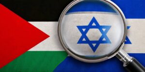 israel palestine flags side by side, magnifying glass, illustration