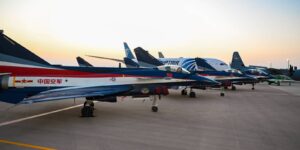 (240904) -- EL DABAA, Sept. 4, 2024 -- China s J-10 fighter jets are on display during the first edition of the Egypt International Airshow at El Alamein International Airport in El Dabaa, Egypt, Sept. 3, 2024. The airshow kicked off here on Tuesday, with flight performances by air forces from Egypt, China, and other countries. The first day of the airshow began with a flight performance by the Egyptian Air Force s Silver Stars. Air forces from China, the United States, France, Italy, the Czech Republic, Saudi Arabia, the United Arab Emirates, T¨¹rkiye, and India also presented their flight performances, including a notable solo display of the Y-20, China s domestically developed large transport aircraft. (Photo by Xinhua) EGYPT-EL DA