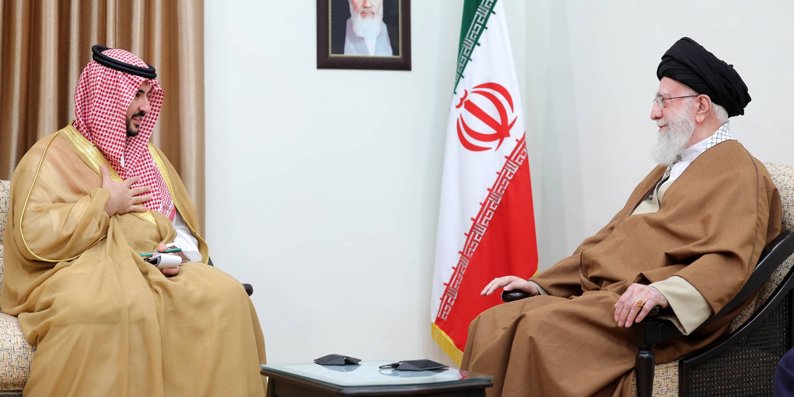 April 17, 2025, Tehran, Iran: Iranian Supreme Leader Ayatollah ALI KHAMENEI (R) meets with Saudi Arabia s Defense Minister Prince KHALID bIN SALMAN AL SAUD (L) in Tehran.