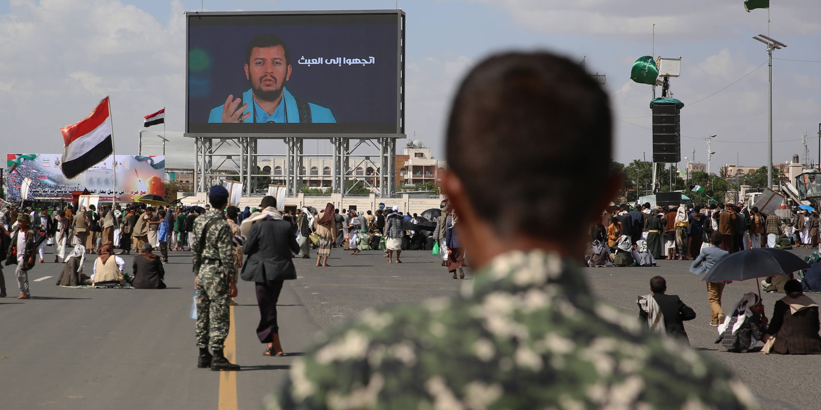 Houthis hold anti-Israel protest in Sana a- Houthi solders gather in front of a digital billboard featuring Houthi leader Abdul-Malik al-Houthi during an anti-Israel protest, 19 September 2025. IMAGO Sanaa Yemen Copyright: xHamzaxAlix