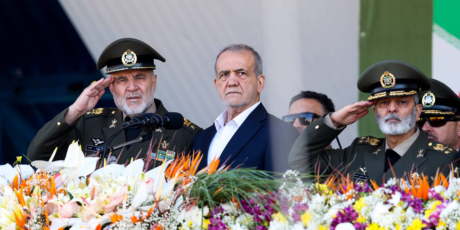 Iran's president Masoud Pezeshkian alongside Army chief Abdolrahim Mousavi (right) and ground forces commander Kioumars Heydari, Tehran, Iran, April 18, 2025