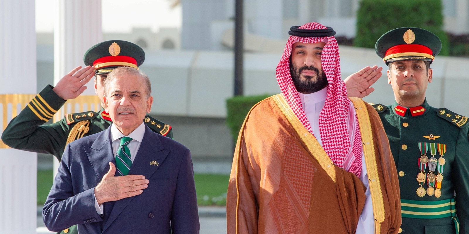 (250918) -- RIYADH, Sept. 18, 2025 -- Saudi Crown Prince and Prime Minister Mohammed bin Salman Al Saud (R, front) meets with visiting Pakistani Prime Minister Shehbaz Sharif in Riyadh, Saudi Arabia, Sept. 17, 2025. Saudi Arabia and Pakistan signed a mutual defense agreement on Wednesday in the Saudi capital Riyadh, under which any attack against either country will be considered an aggression against both, the Saudi Press Agency reported. (SPA Handout via Xinhua) SAUDI ARABIA-RIYADH-PAKISTAN-MUTUAL DEFENSE AGREEMENT WangxHaizhou