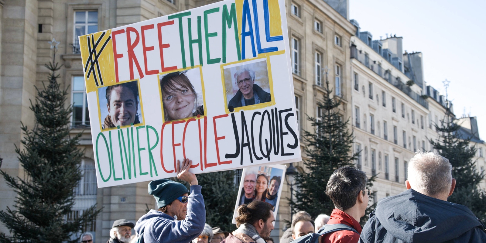 Rally In Support Of Three French Citizen imprisoned In Iran - Paris Participants gathered in front of the Pantheon with placards reading Free them all Olivier Cécile Jacques Liberté For Cécile Kohler Jacques Paris Olivier Grondeau during a rally in support of Cécile Kohler Jacques Paris and Olivier Grondeau, French hostages in Iran, in Paris, France, on February 1, 2025. Photo by Kelly Linsale BePress ABACAPRESS.COM Paris France Copyright: xLinsalexKelly BePress ABACAx