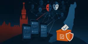 איור דיגיטלי בסגנון שטוח המציג את מגדל הקרמלין האדום משמאל, שלוש טלפונים ניידים במרכז, ורשת של דמויות חסרות פנים המחוברות ביניהן בקווים. בצד ימין מתנופף דגל ישראל. הצבעים העיקריים הם כחול כהה, אדום ולבן, והאווירה משדרת מניפולציה וההשפעה זרה על השיח הציבורי.