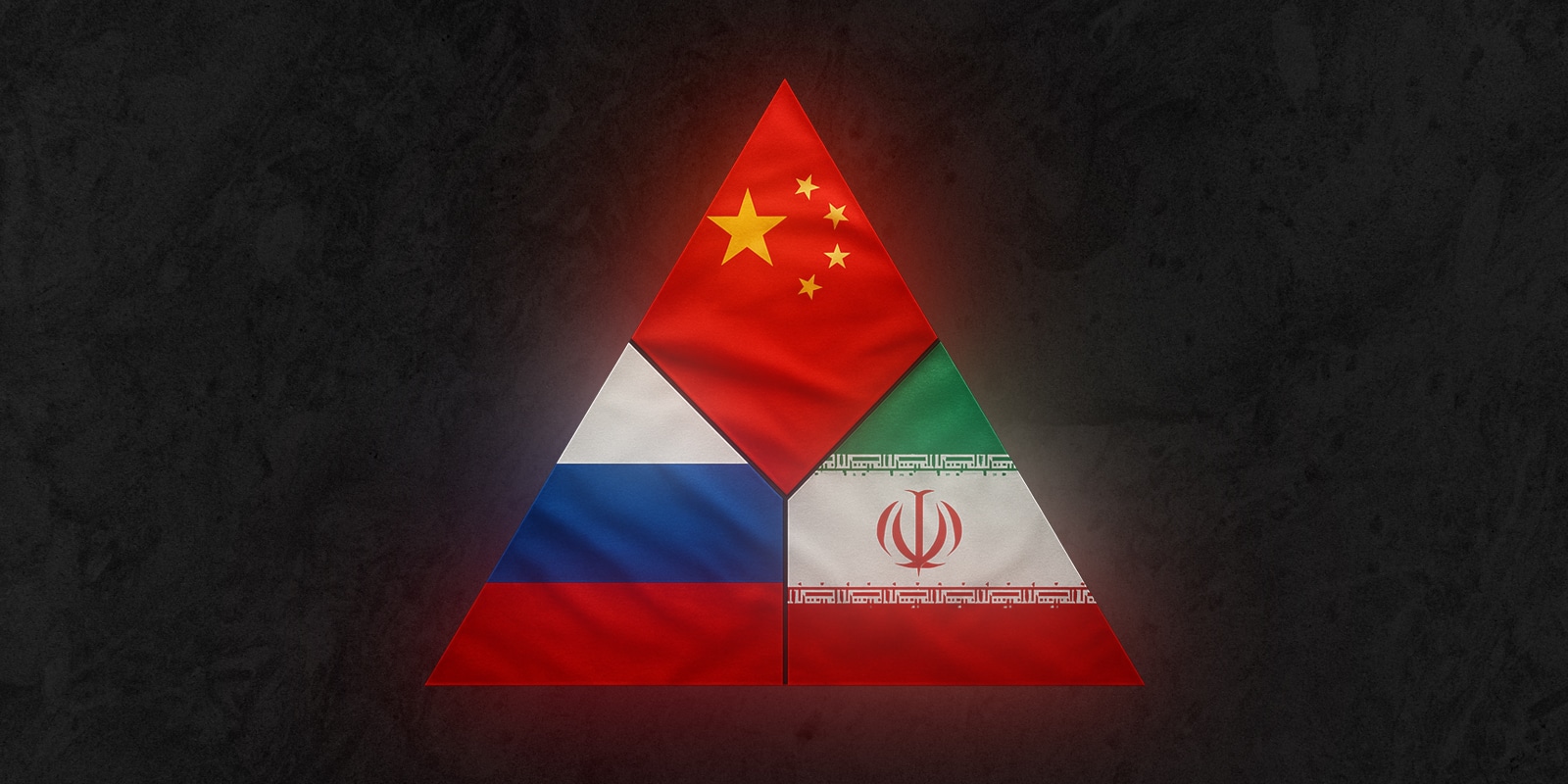 Digital illustration of a triangle composed of the national flags of Russia, China, and Iran. Each side of the triangle features a different flag on a dark background.
