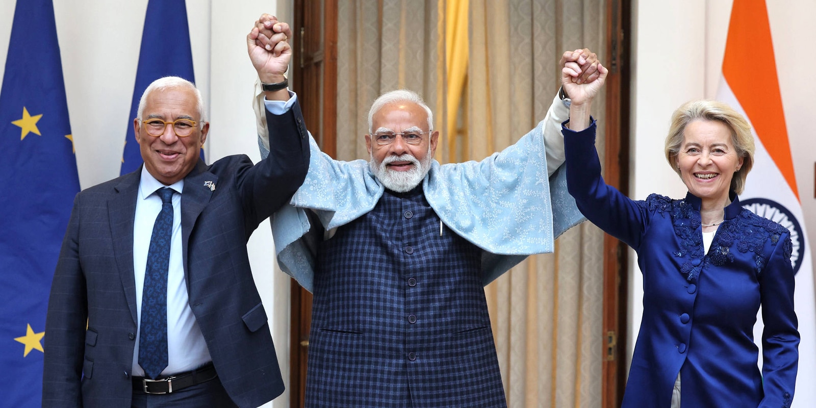 India, EU agree on landmark free trade deal NEW DELHI, INDIA - JANUARY 27: (----EDITORIAL USE ONLY - MANDATORY CREDIT - ’PRESS INFORMATION BUREAU HANDOUT - NO MARKETING NO ADVERTISING CAMPAIGNS - DISTRIBUTED AS A SERVICE TO CLIENTS----) Indian Prime Minister Narendra Modi meets with President of the European Council, Mr. Antonio Luis Santos da Costa and the President of the European Commission, Ursula von der Leyen ahead of the Exchange of MoUs between India and EU, in Hyderabad House, New Delhi, India on January 27, 2026. Press Information Bureau (PIB) Anadolu New Delhi India. Editorial use only. Please get in touch for any other usage. Copyright: x2026xAnadoluxPressxInformationxBureaux(PIB)x