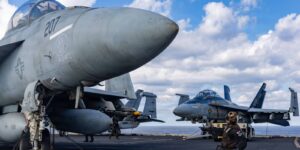March 3, 2026, Uss Gerald R Ford, International Waters: A U.S. Navy sailor directs a F A-18F Super Hornet aircraft, attached to the Golden Warriors of Strike Fighter Squadron 87, before launch from the flight deck of the Ford-class aircraft carrier USS Gerald R. Ford operating in support of Operation Epic Fury, March 2, 2025, in the Eastern Mediterranean Sea. Operation Epic Fury is the joint U.S-Israel attack on Iran. Uss Gerald R Ford International Waters - ZUMAp138 20260303_zaa_p138_047 Copyright: xUsxNavy U.SxNavyx