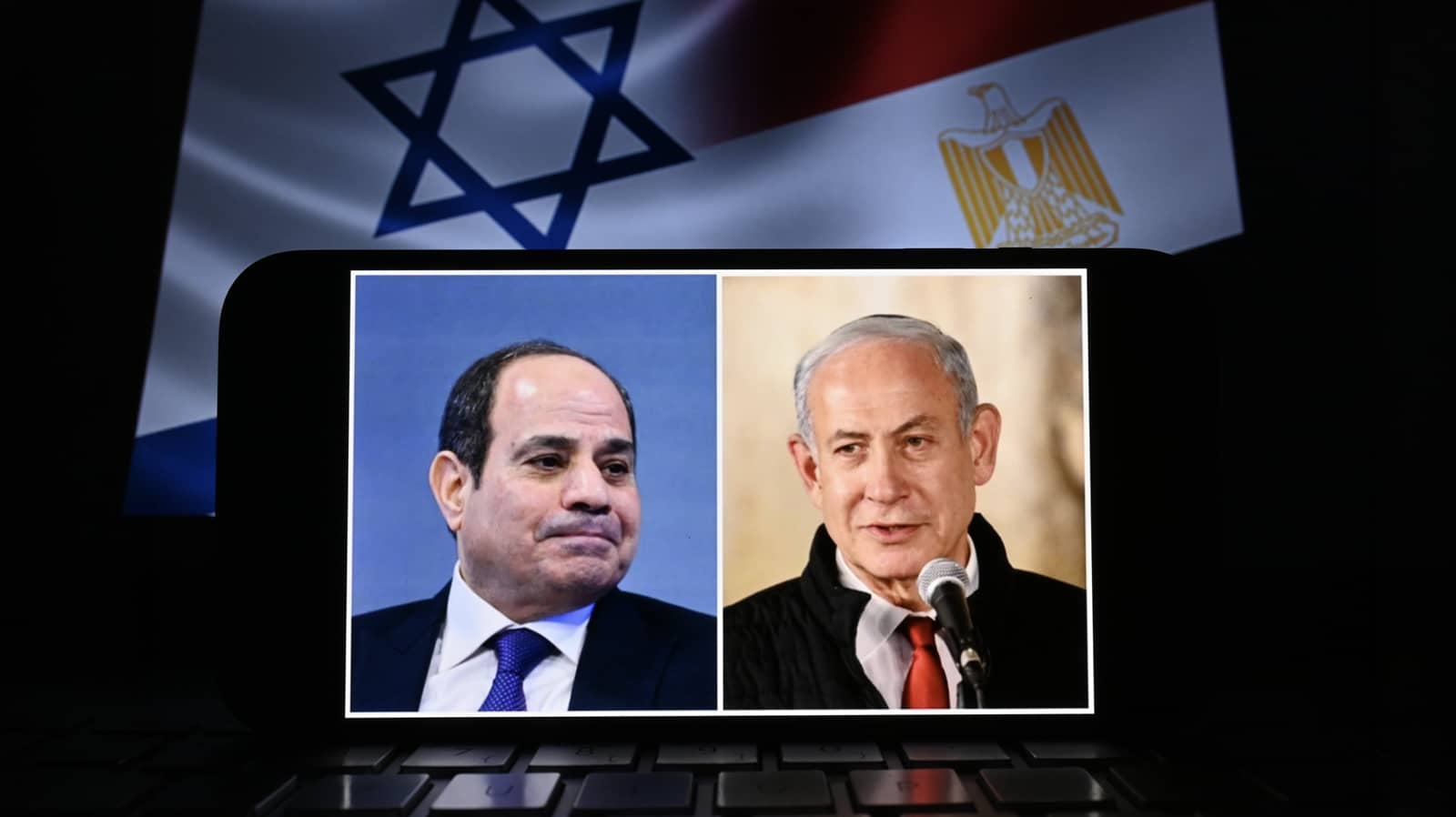 Israeli Prime Minister Benjamin Netanyahu and Egyptian President Abdel Fattah el-Sisi appear on the screen. New York U.S 02.07.2025