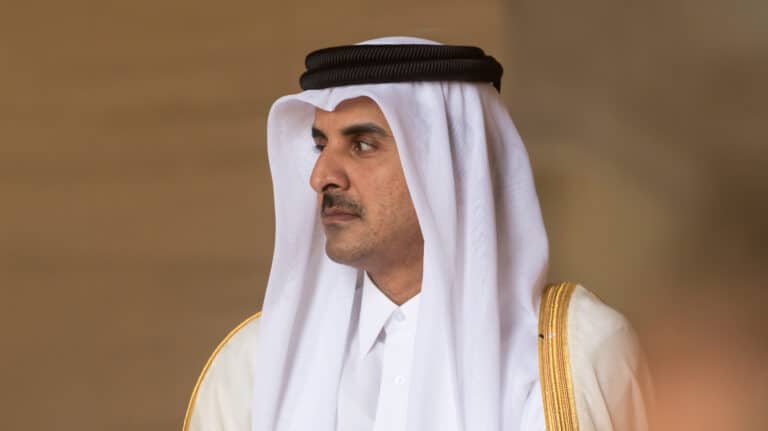 DOHA, QATAR - 20 Mar 2018: Emir of the State of Qatar Sheikh Tamim bin Hamad Al Thani during the official visit of the president of Ukraine Petero Poroshenko to the State of Qatar
