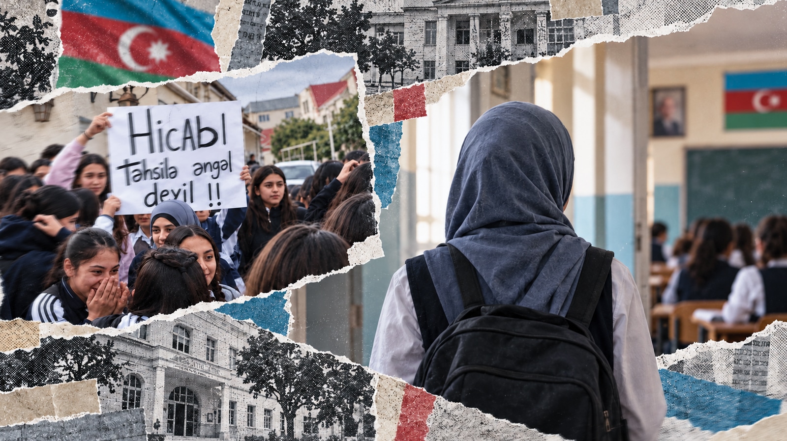 AI generated collage of a hijab-wearing student at school beside a protest sign reading “The hijab is not an obstacle to education!”