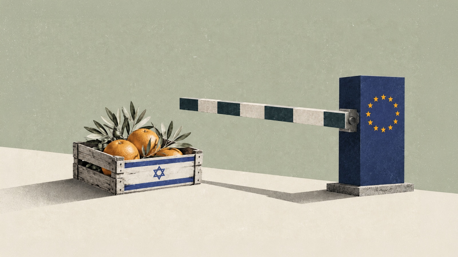 A crate of Israeli oranges and olive branches, marked with the Israeli flag, is stopped by a customs barrier bearing the European Union flag.