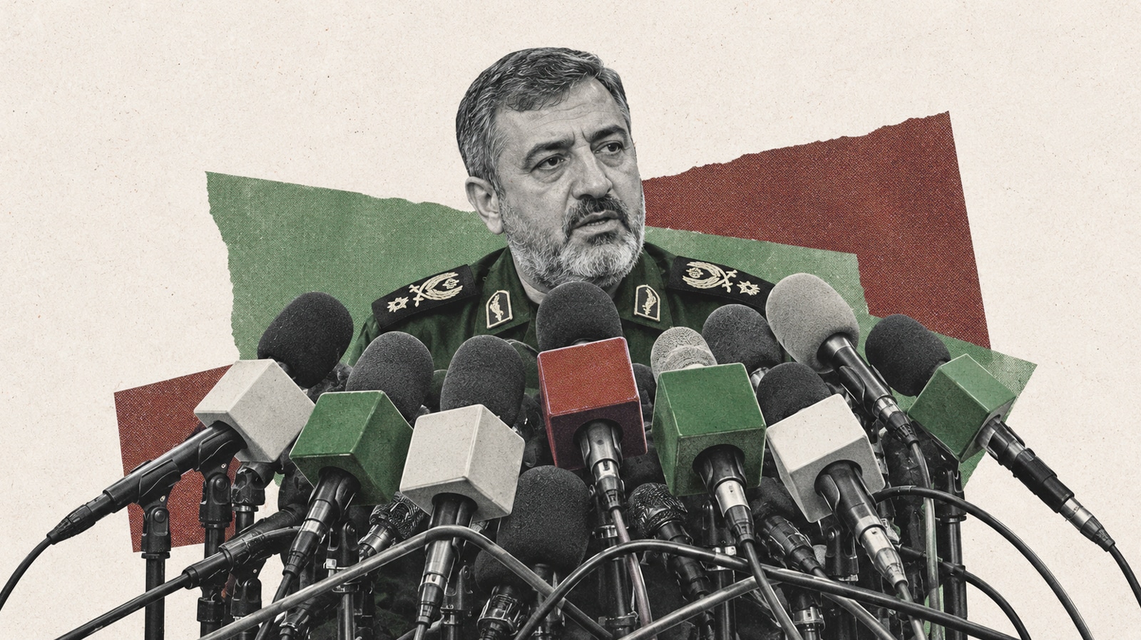 Collage illustration of an Iranian Revolutionary Guard Corps spokesman behind a dense cluster of microphones and tangled cables.
