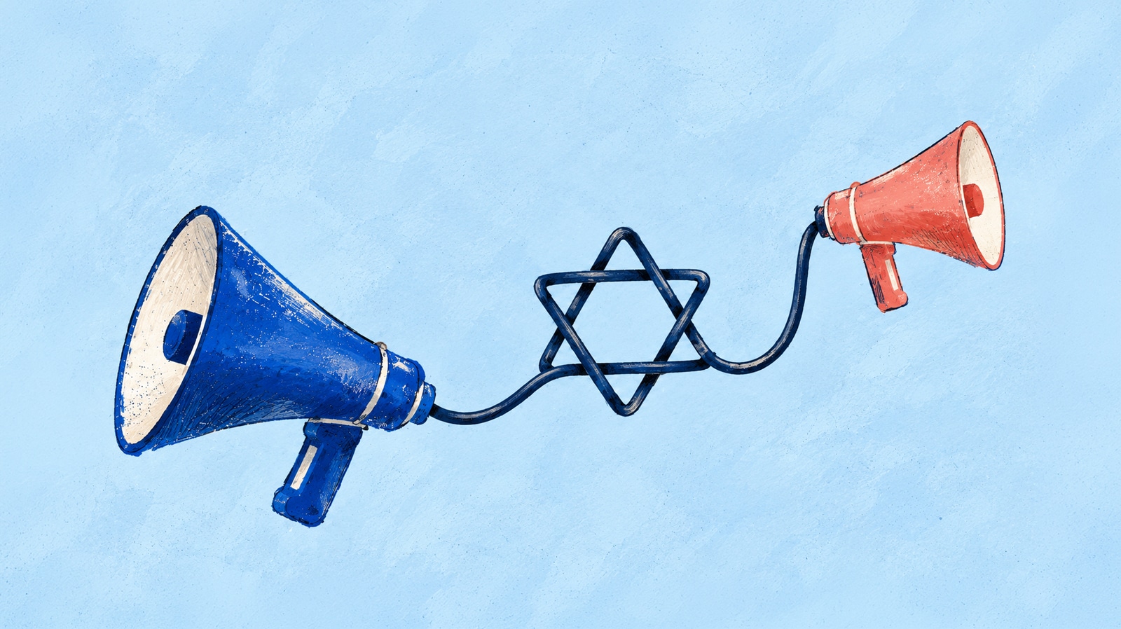 Illustration of two megaphones facing opposite directions, connected by a cable forming a Star of David.