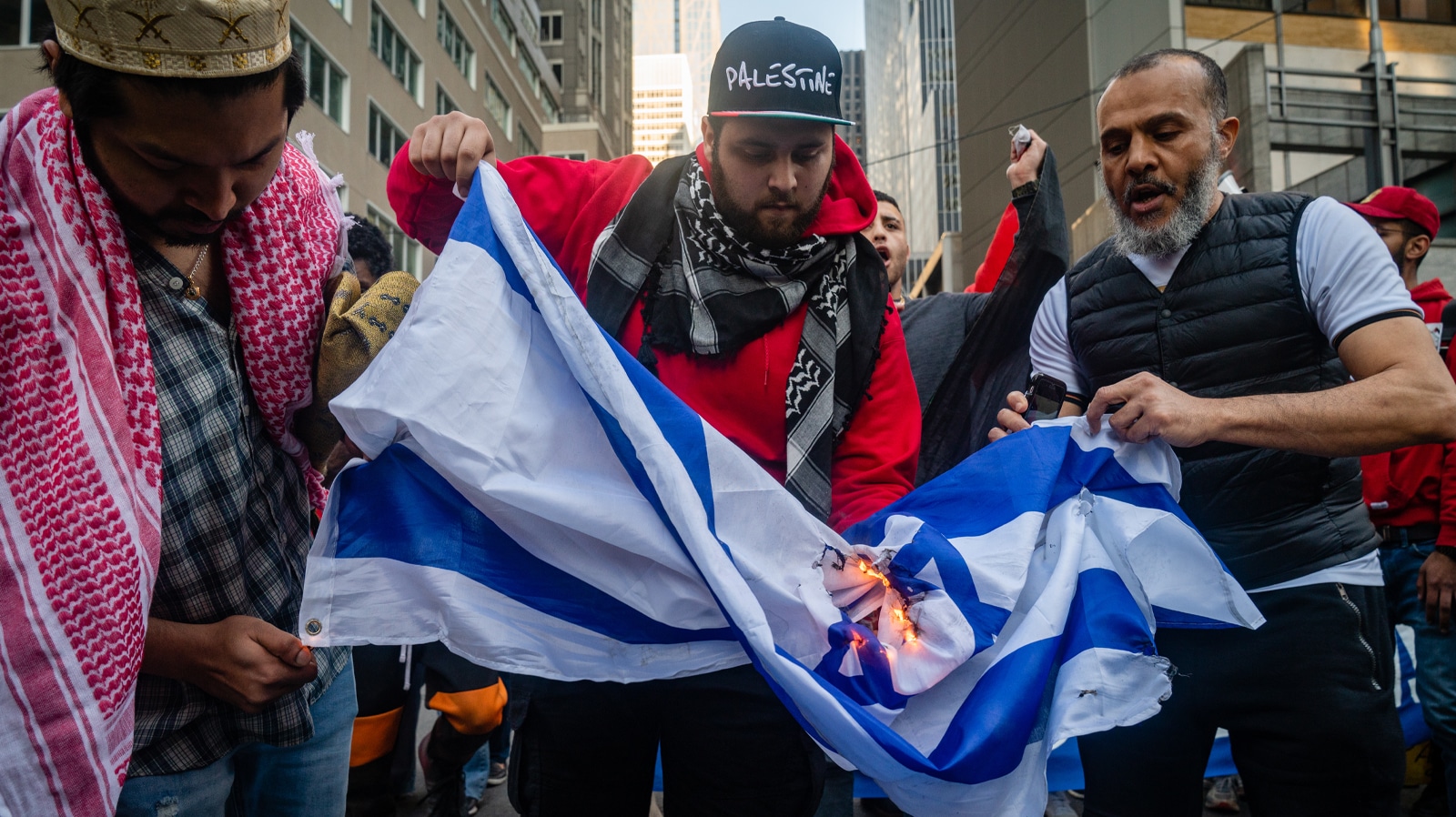 NEW YORK, UNITED STATES - May 15, 2021: Pro-Palestine, anti-Israel protesters hold a rally in New York City during fighting between Israel and Hamas in the Gaza Strip