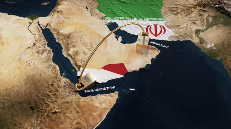 A conceptual map illustrating a locked connection between the Strait of Hormuz and Bab el-Mandeb Strait, symbolizing control over maritime trade routes and geopolitical tension involving Iran and Yemen.