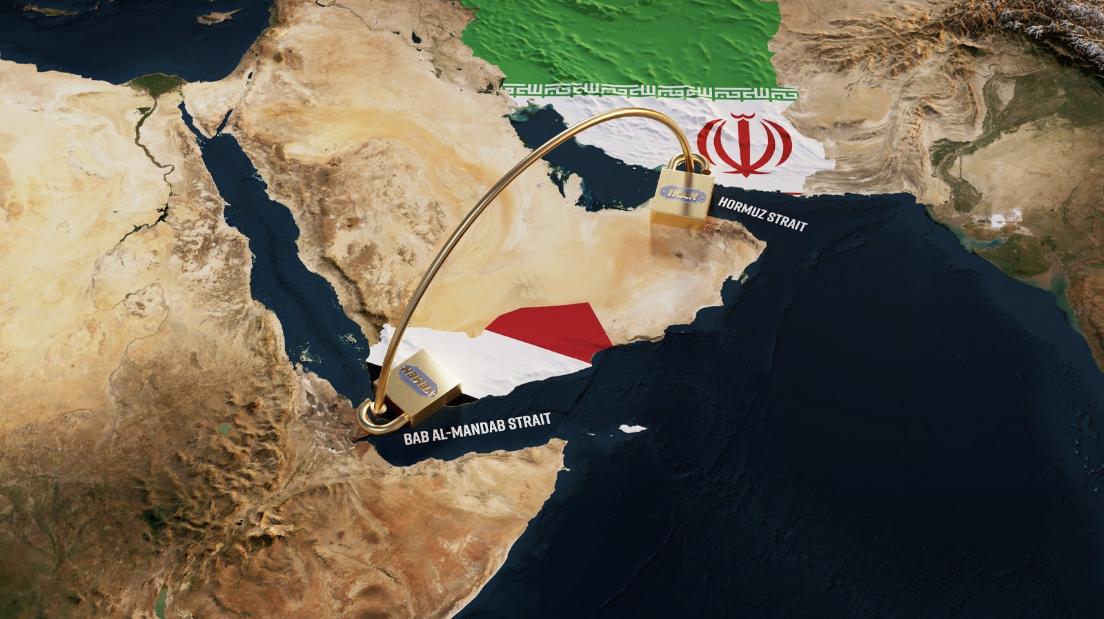 A conceptual map illustrating a locked connection between the Strait of Hormuz and Bab el-Mandeb Strait, symbolizing control over maritime trade routes and geopolitical tension involving Iran and Yemen.